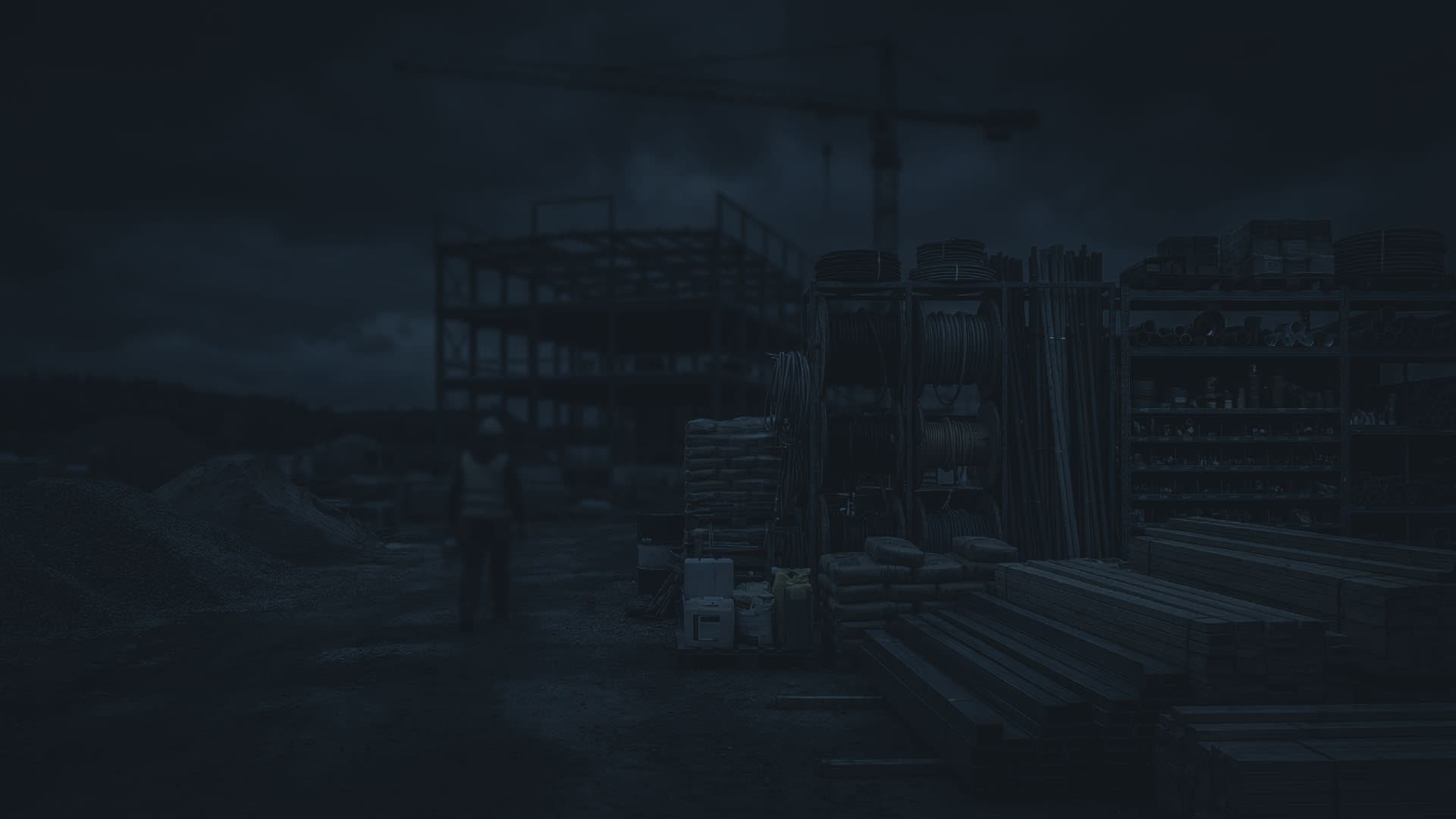 Construction site workers at dusk